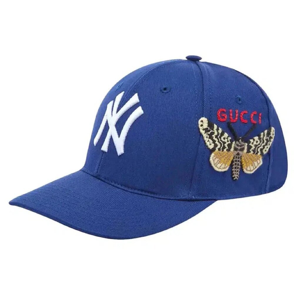 NWT Gucci Unisex Cotton NY Yankee Butterfly Embroidery Baseball Hat in blue